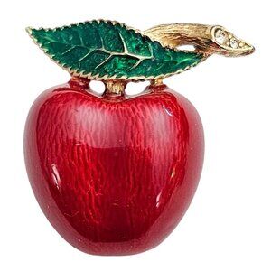 Ciner Red, Green Enamel Apple Brooch Clear Rhinestone Pin Signed, J357